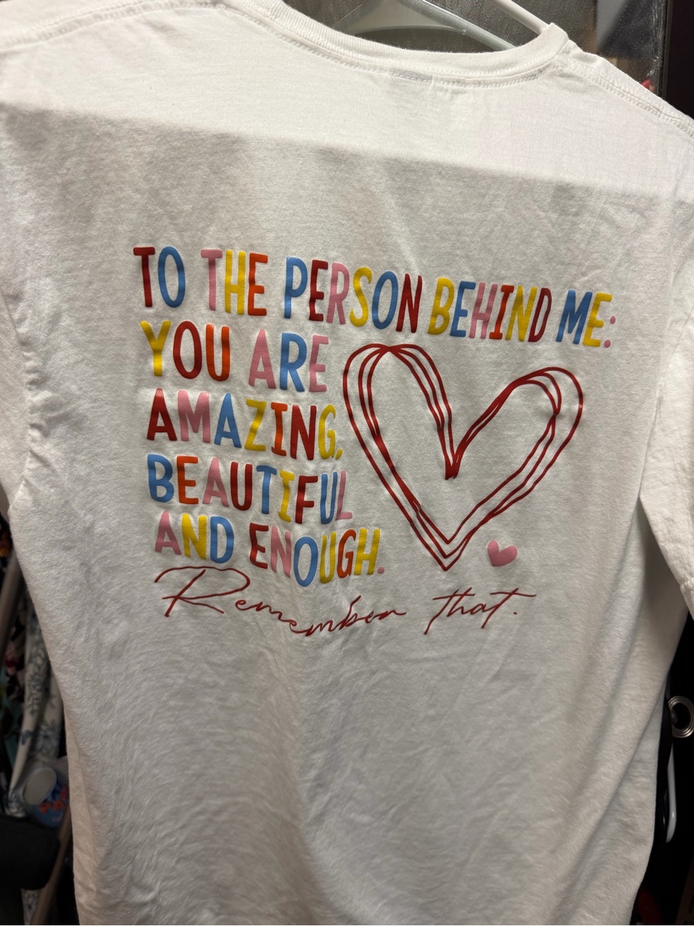 Gildan White Long Sleeve Tee with Colorful Inspirational Graphic and Red Heart